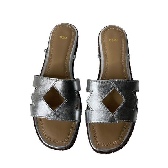 Maje Argent Silver Studded Cutout Leather Gladiator Strap Ankle Tie Flat Sandals - Picture 4 of 7
